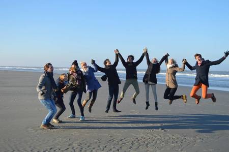 Gruppe junger Leute springt am Meer nach oben
